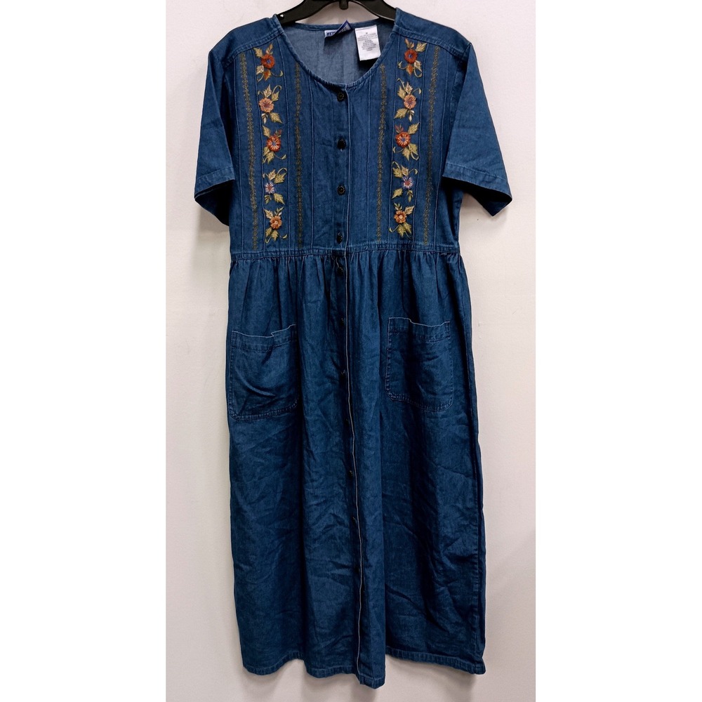 VTG 90s Erika & Co Denim Maxi Dress Womens Medium Blue BOHO Floral Embroidered - Picture 1 of 13